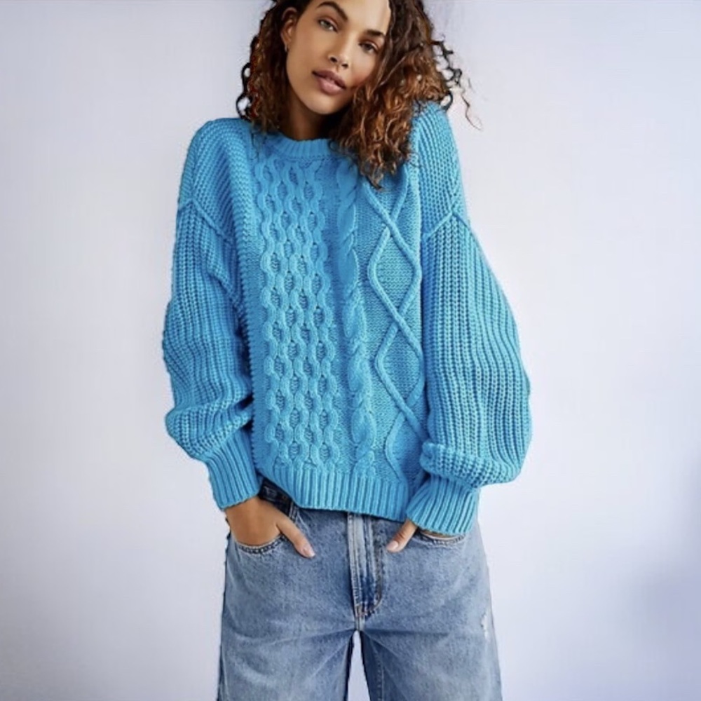 Free People Blue Cable Knit Sweater